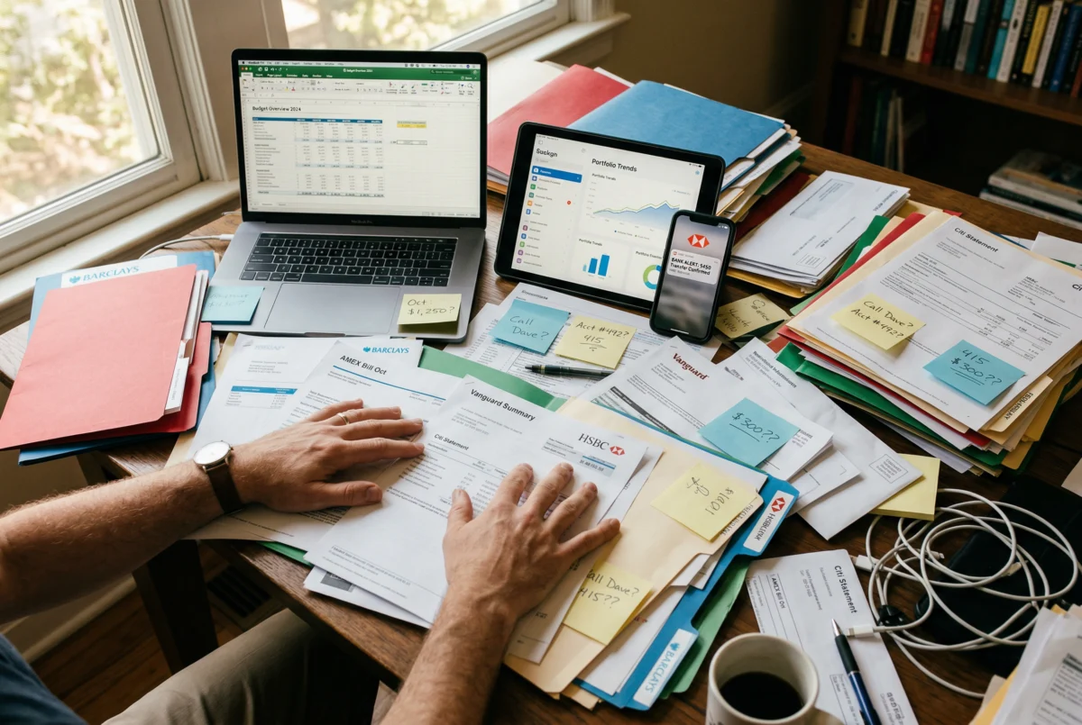 Scattered financial documents and disconnected advisors representing fragmented business advice