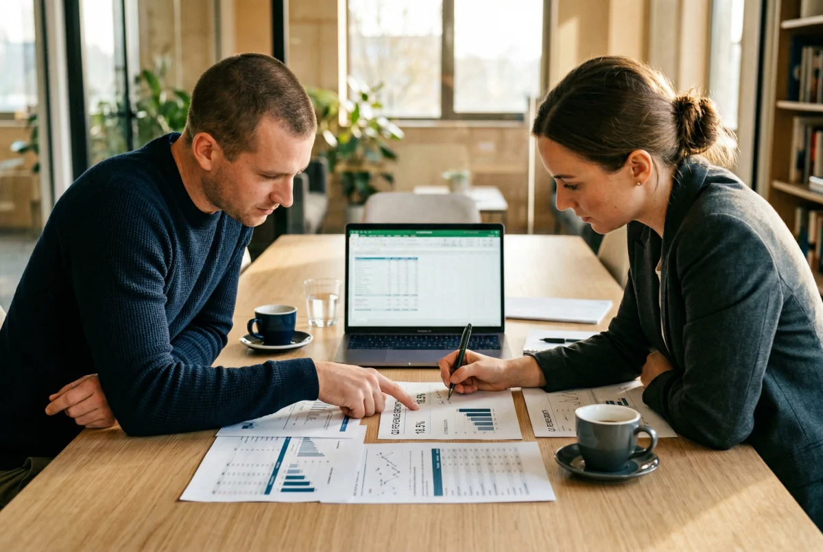 Two partners reviewing financial dashboards together at a Fresno workspace